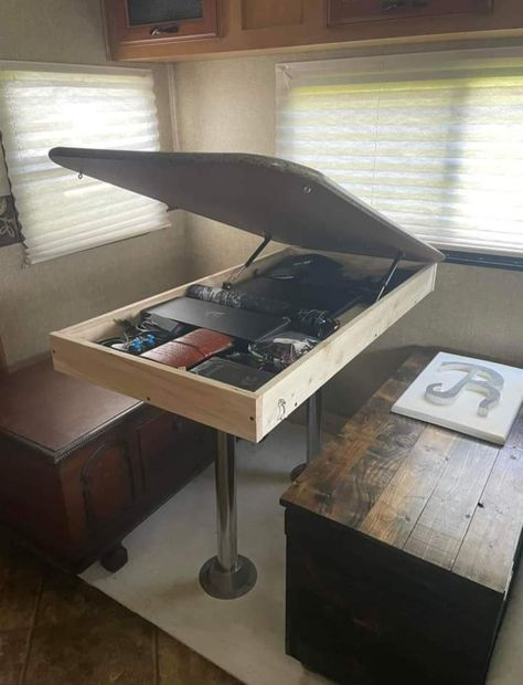 Rv Table, Rv Interior Remodel, Camper Trailer Remodel, Camper Organization, Camper Hacks, Trailer Decor, Travel Trailer Camping, Diy Camper Remodel, Camper Storage