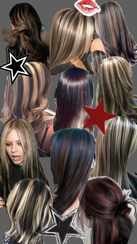 #hair #haircolour #highlights #skunkhair #2000s #aesthetic #collage #inspo #blonde #brunette #black Brown Hair With Black And Blonde Highlights, Chunky Highlights 2000s, 2000 Emo Hair, 2000 Highlights Hair, Brown Hair Chunky Blonde Highlights, 2000s Aesthetic Collage, Blonde Hair With Black Highlights, 2000s Highlights Hair, Chunk Highlights