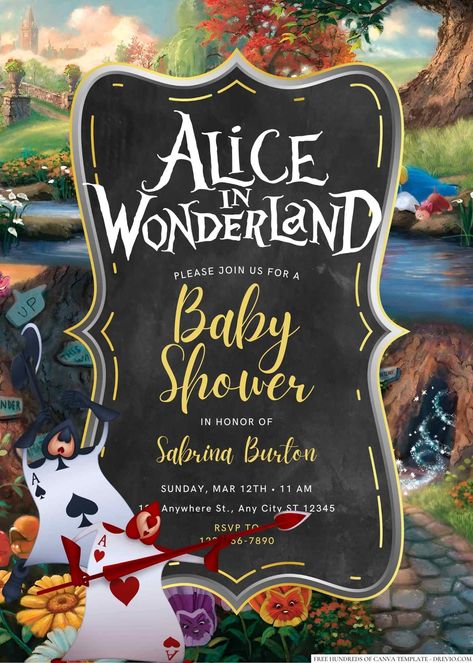 FREE Alice in Wonderland Baby Shower Invitations Templates Check more at https://www.fridf.com/free-alice-in-wonderland-baby-shower-invitations/ Baby Shower Gamea, Colorful Candy Buffet, Baby Shower Invitations Templates, Wonderland Party Theme, Mad Hatter Party, Baby Posters, Themed Drinks, Wonderland Party, Party Venues