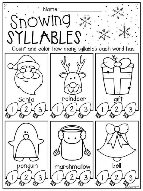 Christmas Syllables worksheet for kindergarten and first grade. Christmas Syllables Free, 1st Grade Christmas Worksheets Free Printables, Kindergarten Worksheets Christmas, Christmas Centers First Grade, Christmas First Grade Activities, Christmas Phonics Activities, Christmas Worksheets For Kids 1st Grades, Christmas For Kindergarten, Christmas Kindergarten Worksheets