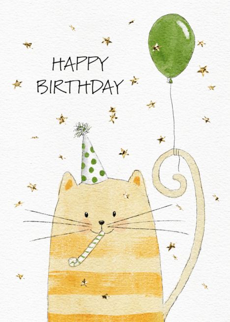 Birthday Wishes Watercolor, Party Hat Birthday Cards, Cute Birthday Card Illustration, Cat With Birthday Hat Drawing, Cat Birthday Card Watercolor, Birthday Card Ideas With Cats, What To Draw On A Birthday Card, Easy Watercolor Cards Ideas Birthday, Cats Birthday Cards