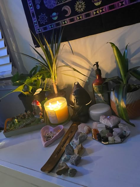 crystals, candles, incense, and more Incense And Crystals, Crystal Apartment Aesthetic, Crystals And Candles, Crystal Corner In Room, Cristal Candles, Crystal Set Up Bedroom, Crystal Room Ideas, Spell Room, Crystals Room