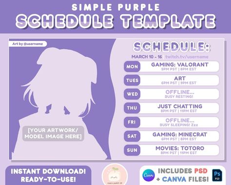 Simple Purple Twitch Stream Schedule Weekly Template Includes PSD CANVA Vtuber Assets cute Twitch Schedule, Streamer Schedule Planner - Etsy vacationplanner #aestheticplanner📓 Twitch Schedule, Stream Schedule, Weekly Template, Photo Editing Websites, Vtuber Assets, Twitch Streaming Setup, Twitch Streaming, Streaming Setup, Online Photo Editing