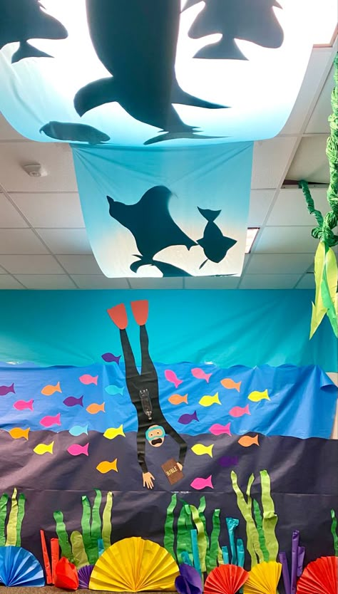 Underwater Display Classroom, Classroom Aquarium Ideas, Aquatic Theme Decorations, Classroom Ocean Theme Decorations, Underwater Classroom Theme Under The Sea, Water Decorations Classroom, Sea Creatures Classroom Decoration, Underwater Theme Classroom Decoration, Under The Sea Classroom Transformation