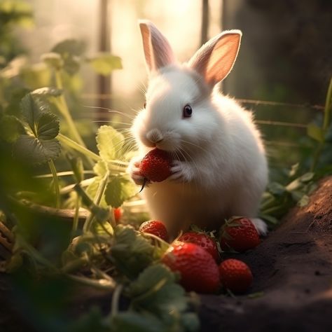 Hyperrealistic photography of a small cute white rabbit eat Strawberry in the garden. Sun light Rabbit Eating Strawberry, Bunny Eating Strawberry, Tattoos Pets, Pet Tattoo Ideas, Strawberry Pictures, Cute White Rabbit, Pet Drawings, Happy Easter Pictures, Animal Intelligence