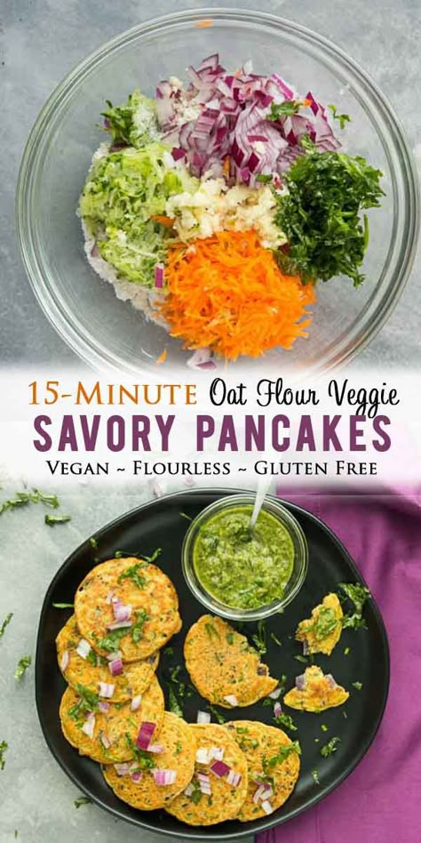 15-Minute Vegan Savory Oat Flour Vegetable Pancakes! Gluten-free, healthy, contains protein, and perfect for the entire family! Serve these for breakfast, lunch, snack, or even brunch! #veganpancakes #vegetablepancakes #oatflour #savorypancakes #veganbreakfast #healthyeats #veganeats #oatflourrecipes #oatflourpancakes Easy Savory Vegan Breakfast, Vegan Savory Pancakes, Vegan Savory Breakfast, Vegan Brunch Ideas, Healthy Savory Breakfast, Savory Vegan Breakfast, Vegetables For Breakfast, Savory Oats, Veggie Pancakes