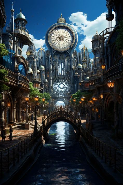 Fantasy Metropolis, Steampunk Building, Whimsical Architecture, Gears And Cogs, Wallpaper Fantasy, Landscape Digital Art, Art Niche, Steampunk City, Fantasy Wallpaper