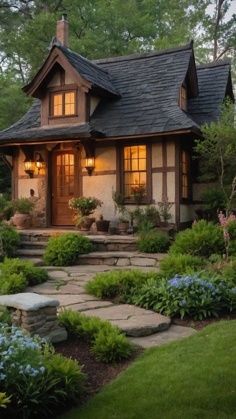 Enchanted Escapes: 16 Cozy Cottage Plans for Fairytale Lovers - Cheerful Talks Two Story Cottage Exterior, Small Tudor Style Homes, Fairytale House Interior, Cottage Curb Appeal, Fairytale Cottage Floor Plans, Storybook Homes Plans, Storybook Cottage House Plans, Cottage Home Exterior, Witchy Cottage