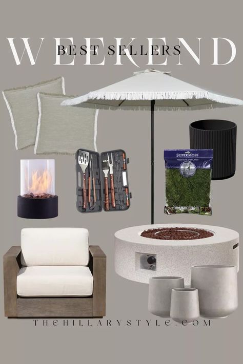 Weekend Best Sellers Home: outdoor furniture and decor from Walmart, Amazon, Wayfair, Target. Round fire pit, accent chair, umbrella, throw pillows, tabletop fire pit, grill essentials, spanish moss, planters. Moss Planters, Tabletop Fire Pit, Tabletop Firepit, Round Fire Pit, Fire Pit Grill, Meridian Furniture, Spanish Moss, Wooden Handles, Fire Pit