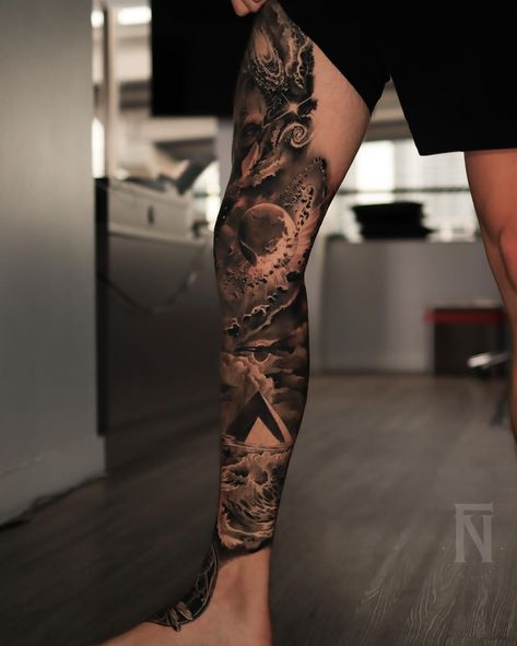 Can anyone catch the concept behind it? 😄 Just wrapped up this leg sleeve and I couldn’t be happier how it turned out. A massive shoutout to Chase, my client, who sat through the sessions like an absolute champ 👑 Info/appts 👉 check out the link in my bio Leg Tattoo Men Sleeve, Leg Sleeve Design, Mens Leg Sleeve Tattoo, Leg Tattoo Men, Leg Sleeve Tattoo, Leg Sleeve, Leg Tattoo, Leg Sleeves, Be Happier