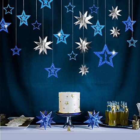 Starry Party, Eid Banner, Planet Party, Silver Party Decorations, Happy Birthday Decor, Circle Garland, Silver Christmas Decorations, Silver Party, 3d Star