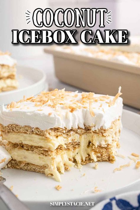 Coconut Icebox Cake, Cool Whip Desserts, Coconut Filling, Icebox Cake Recipes, Simply Stacie, Coconut Pudding, Coconut Desserts, Icebox Cake, Coconut Recipes