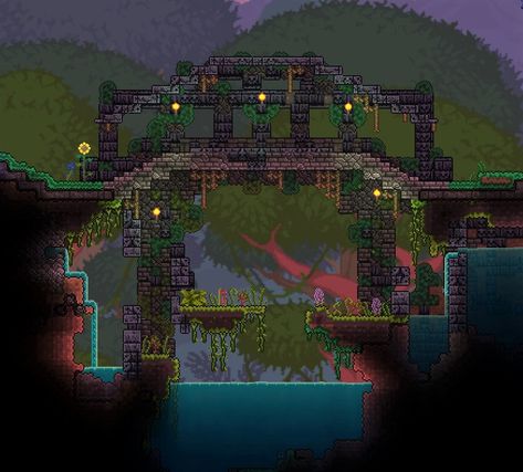 Jungle ruins bridge found on imgur Terraria Bridge Design, Terraria Bridge Ideas, Terraria Bridge, Terraria Base, Jungle Ruins, Terraria Game, Terrarium Base, Terraria House Ideas, Terraria House Design