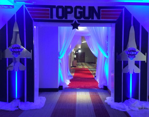 Top Gun Themed Event Air Force Theme Party Ideas, Back To The Future Homecoming Theme, Pilot Captain Upgrade Party, Maverick Party Ideas, Aviation Party Theme, Topgun Maverick Theme Party, Aviation Themed Party, Military Homecoming Decorations, Ffa Banquet