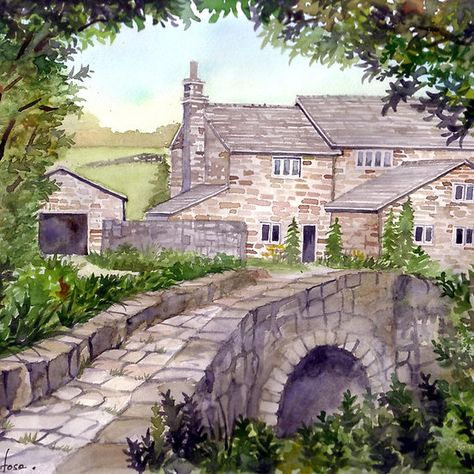 Stone Bridge Field Stone Wall, Bridge Watercolor, English Farmhouse, English Architecture, Bridge Art, Stone Bridge, Stones Diy, Watercolor Landscape Paintings, Architecture Illustration