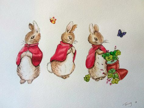 Beatrix Potter Bunnies, Flopsy, Mopsy and Cottontail Watercolor Art by Tracey Stevens Flopsy Mopsy And Cottontail, Peter Rabbit Watercolor, Foxwood Tales, Embroidered Baby Clothes, Beatrix Potter Illustrations, Easter Photoshoot, Peter Rabbit And Friends, Rabbit Costume, Bunny Tattoos