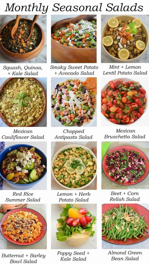 Different Types Of Salads Healthy, Salad Menu Design Ideas, Salad Lab Recipes, Peanut Chaat Recipe, Almond Green Beans, Summer Vegetable Pasta, Types Of Salads, Salad Names, Pasta With Green Beans