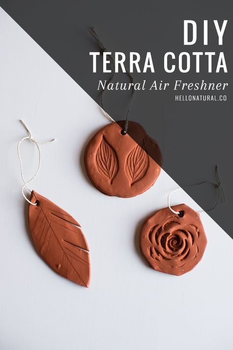 DIY Terra Cotta Air Fresheners with Essential Oils | HelloNatural.co Diy Air Freshener, Clay Pendants, Natural Air Freshener, Air Dry Clay Projects, Diffuser Jewelry, Cadeau Diy, Clay Ornaments, Diy Essential Oils, Essential Oil Recipes