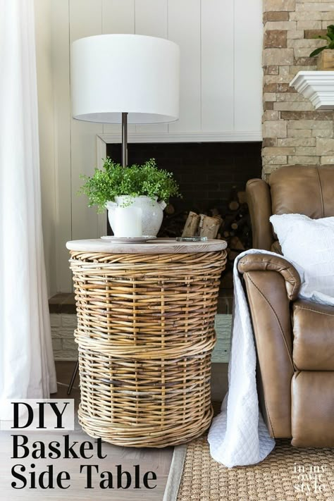 This diy end table or side table is easy to make using a wicker basket and a pre-made wood top from the home improvement store. Side table decor idea that can be made in minutes, no power tools needed. Diy End Table, Side Table Styling, Large Wicker Basket, Unique Side Table, Diy Side Table, Side Table Decor, Diy End Tables, Local Furniture, Unique Tables