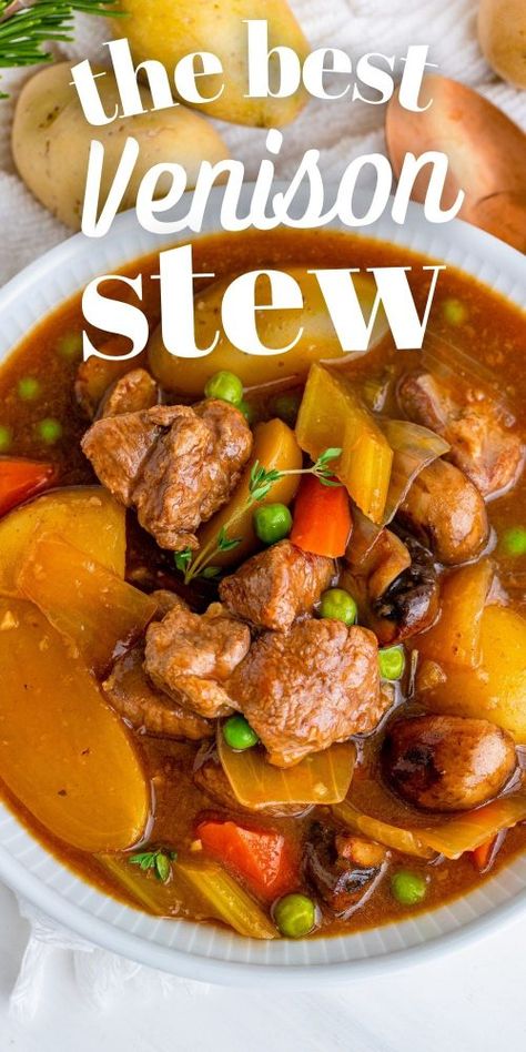 Venison Stew Stove Top, Deer Meat Stew, Venison Beef Stew, Venison Stew Meat Recipes, Venison Casserole Recipes, Venison Stew Recipes, Crockpot Venison Stew, Venison Soup, Venison Stew Crockpot