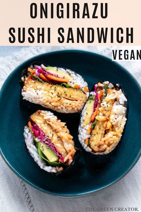 This easy vegan Onigirazu rice sushi sandwich recipe is naturally gluten free and a great on-the-go recipe. www.thegreencreator.com #sushisandwich #vegansushi #ricesandwich #plantbased #vegan #lunch #dinner #snack #dairyfree #mealprep #sushi #japanese #vegansushi #onigirazu Vegan Onigirazu, Rice Sandwich, Onigiri Recipe, Pickled Red Cabbage, Pickled Cabbage, Vegan Sushi, Sushi Sandwich, Sushi Rice, Sushi Rolls