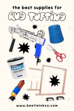 Start your rug tufting journey with this list of essential tools and supplies! This beginner-friendly craft is perfect for folks wanting to make their own tufted rugs, coasters, wall hangings, and other fiber art. Shop this list of quality tufting machines, yarn, hand tools, and finishing supplies!   www.beetleinkco.com   #rugtufting #rugmaker #tufting #tuft Tufting Ideas Beginner, Tufting Tutorial, Rugs Ideas, Rug Tufting, Tufted Rugs, Essential Tools, Tufted Rug, Starter Kit, Rug Making