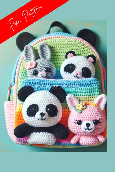 Explore the charming details of the Crocheted Animal Backpack, featuring handcrafted amigurumi creatures against a vibrant, rainbow-striped background. Amigurumi Bag Free Pattern, Crochet Backpack Free Pattern, Amigurumi Creatures, Crochet Hacks, Childrens Purses, Crochet Hat For Beginners, Crochet Backpack Pattern, Crochet Toys Free Patterns, Crochet Toys Free