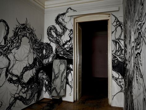 My home I painted last year Goth Wall Painting Ideas, Grunge Wall Mural, Goth Door Painting, Gothic Wall Painting Ideas, Dark Room Decor Ideas, Goth Mural, Wall Room Decor Ideas, Painting Tv Wall, Door Art Bedroom Paint