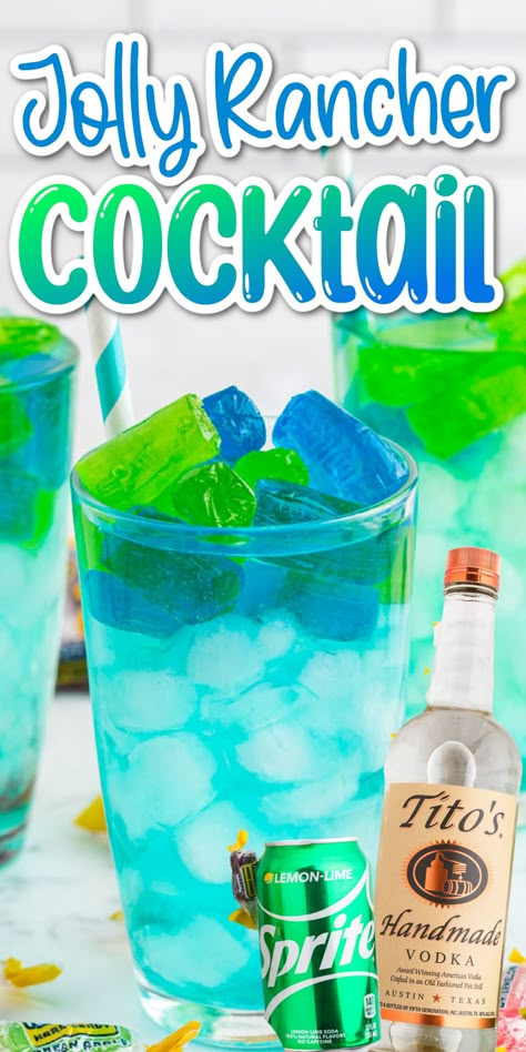 If you enjoyed those hard Jolly Rancher candies growing up then you’re going to LOVE this Jolly Rancher Vodka Cocktail recipe! Blue Raspberry Vodka Drinks Recipes, Green Apple Vodka Drinks, Jolly Rancher Cocktail, Jolly Rancher Drink, Elegant Drinks, Mixed Drinks Alcohol Recipes, Jolly Rancher Vodka, Green Apple Vodka, Fruity Alcohol Drinks