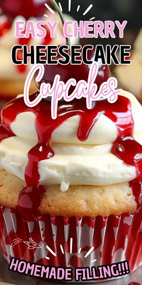 Cherry Cheesecake Cupcakes Cheesecake Filled Cupcakes, Cherry Cheesecake Cupcakes, Cherry Cupcakes Recipes, Stuffed Cupcakes, Cheesecake Cupcake, Cherry Topping, Cherry Cupcakes, Cherry Filling, Homemade Cheesecake