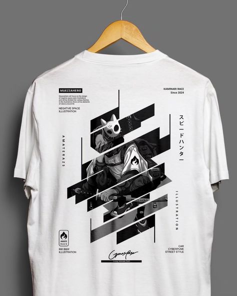 Applying the illustration to a t-shirt mockup, hopefully the results of the screen printing will be appropriate Muezzahero | Amaterazs | Kaminari Race #characterdesign #character #design #illustration #thsirtdesign #mockuptshirt #artworks #mockup #cyberpunkart #cyberpunk #streetstyle #assasin #japanculture #mockupdesign #thsirt #mecha #amaterazs #muezzahero #blackandwhite #catmask #dark #kaminarirace #art #sketch #draw #drawing #tshirtdesign Cyberpunk Tshirt, Cyberpunk Shirt, Anime Tshirts, Mock Up T Shirt, Character Design Illustration, Cool Shirt Designs, Space Illustration, Tee Shirt Fashion, Shirt Design Inspiration