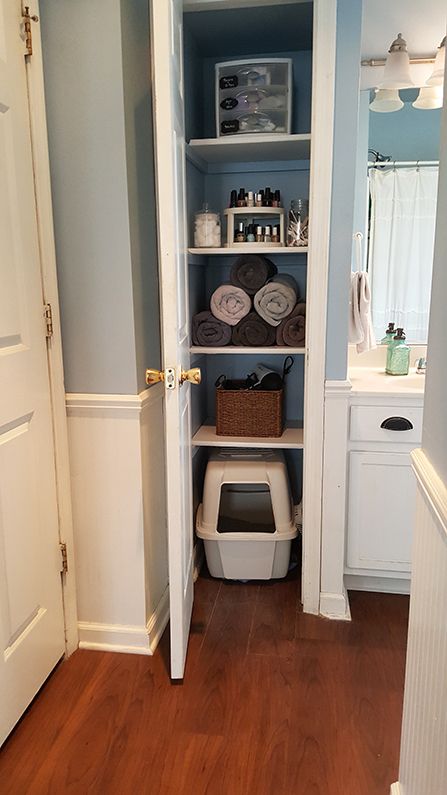 litter box closet Cat Litter Closet, Litter Closet, Litter Box Closet, Hiding Cat Litter Box, Hidden Litter Boxes, Litter Box Furniture, Cat Litter Box Furniture, Cat Door, Apartment Life