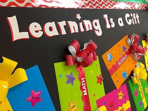 Learning is a Gift! Fun Christmas gift themed colorful classroom bulletin board display! Esol Resources, Winter Displays, Stickers For Teachers, Christmas Bulletin Boards, Winter Bulletin, Colorful Classroom, Reading Bulletin Boards, School Nursing, Classroom Bulletin Board