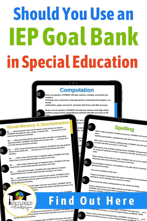 If you’re a special education teacher, you’ve probably seen IEP Goal Banks and wondered if they are right for your students and your classroom. Can an IEP Goal Bank help you write better IEPs? Can the goals be personalized to your student? On this blog post, we dive into the pros and cons of using an IEP goal bank in your special education classroom and how to use an IEP Goal Bank to save time and write more effective IEPs along with cons and precautions to take when using IEP Goal Banks. Writing Iep Goals And Objectives, Individual Education Plan, Education Tools, Education Tips, Iep Meetings, Write Better, Testing Strategies, Iep Goals, First Year Teachers