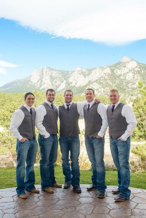 Estes Park, Colorado mountain wedding. Rustic groomsmen attire. Jeans and vest in wedding day. Groomsmen Attire Jeans And Vest, Rustic Groomsmen Attire Jeans, Groomsmen Jeans, Rustic Groomsmen, Rustic Groomsmen Attire, Groomsmen Poses, Jeans Wedding, Wedding Groomsmen Attire, Colorado Mountain Wedding