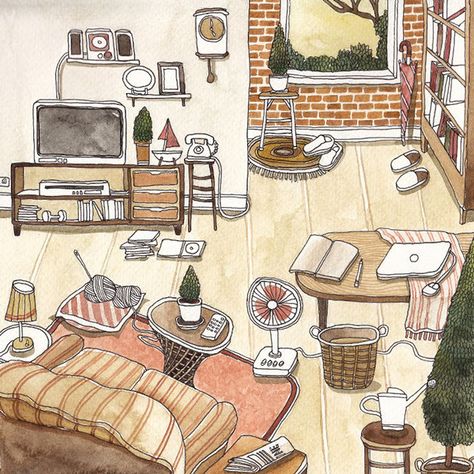 Daily life / illus on Behance Fumi Koike, Perspective Sketch, Interior Sketch, Interior Illustration, House Illustration, House Drawing, Urban Sketching, Profile Pictures, Cute Illustration