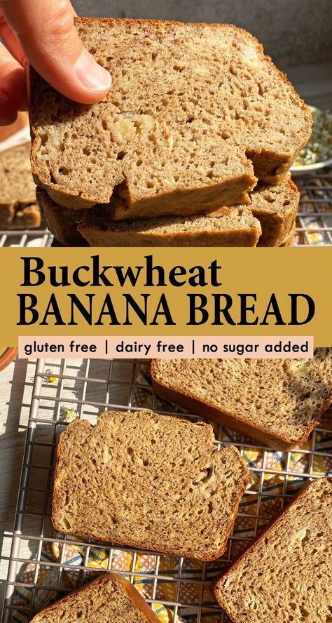 This healthy buckwheat banana bread is made with buckwheat flour and only sweetened with bananas - no sugar added. It's the perfect gluten free bread to eat alongside breakfast or top with nut butter for a healthy snack. Gluten Free Buckwheat Bread, Buckwheat Banana Bread, Buckwheat Flour Recipes, Banana Bread Gluten Free, Buckwheat Waffles, Buckwheat Bread, Bread Gluten Free, Buckwheat Recipes, Paleo Muffins