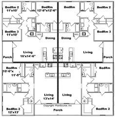 Four Plex Floor Plans, Multi Unit Housing, Quad Plex Floor Plans, Quadruplex Apartment, 4plex Apartment Plans, Fourplex Floor Plans, 4 Plex House Plans Single Story, Quadplex Floor Plans Single Story, 4 Unit Apartment Building Plans