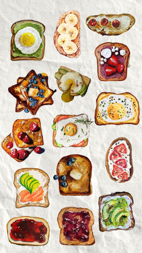 toast #breakfast Summer Prints Wallpaper, Whimsical Art Journal, Food Png, Food Illustration Art, Stickers Kawaii, Bullet Journal Aesthetic, Kitchen Gallery, Food Painting, Scrapbook Stickers Printable