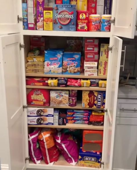 Junk Food Pantry, Pantry With Snacks, Snack Pantry Goals, Snack Pantry Aesthetic, Full Pantry Of Snacks, Snack Cabinet Ideas, Pantry Snack Ideas, Snack Stash In Bedroom, Snack Closet