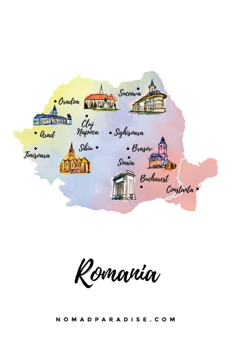 A great Illustration and Infographic of the map of Romania. Showing drawing art of the best places to visit in Romania while traveling. Romania Map - illustration - art - infographic - design - drawing #romaniainfographic #romaniaillustration #romaniamap #romaniatravelmap #romaniaguide Map Of Romania, Eastern Europe Map, Constanta Romania, Romania Map, Maps Aesthetic, Paradise Travel, Romania Travel, Bucharest Romania, Travel Collage