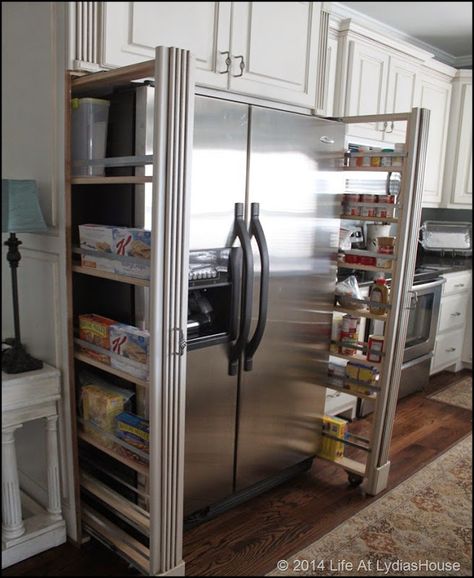 add roll out shelves to the sides of the refrigerator cabinet  - how to build the roll out shelves Small Cabinet Next To Fridge, Shelving Around Refrigerator, Fridge With Pantry Surround Storage, Storage Beside Refrigerator, Refrigerator Side Storage, Kitchen Refrigerator Cabinet Ideas, Side Of Refrigerator Storage Ideas, Refrigerator Side Cabinet, Refrigerator Next To Window