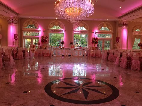 Pink Sweet 16 Tables, Pink Quinceanera Court, Light Pink Sweet 16 Decorations, Pretty In Pink Sweet 16, Sweet 16 Light Pink Theme, Pink And Gold Debut Theme, Sweet Sixteen Pink And Gold Theme, Sweet Sixteen Pink, Sweet 16 Venues Pink