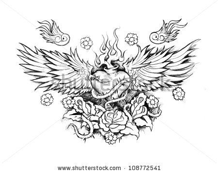 Sacred heart tattoo with wings and sparrows. Sacred Heart Tattoo Chest, Angel Wings With Roses Tattoo, Heart And Wings Tattoo Design, Heart Wings Chest Tattoo, Sacred Heart Chest Tattoo, Cross With Wings Chest Tattoo, Tattoo With Wings, Sacred Heart With Wings, Chest Tattoo Wings