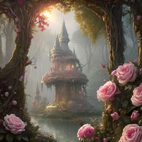 Enchanted Castle Aesthetic, Fairy Land Magical Forest Aesthetic, Fairy Castle Aesthetic, Pink Fantasy Aesthetic, Pink Enchanted Forest, Castle In Forest, Pink Fairy Aesthetic, Enchanted Forest Aesthetic, Enchanted House