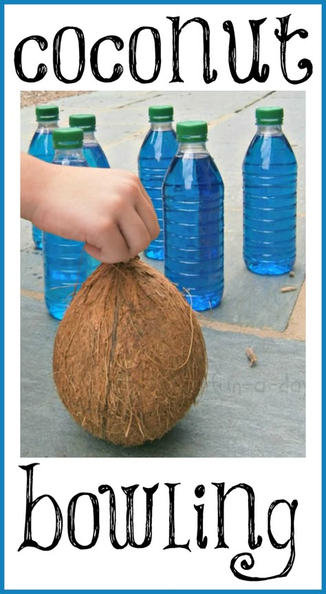 Add a fun twist to summer games with the kiddos -- go coconut bowling!  A simple, fun outside game that'll have the kids giggling the whole time. Kids Luau, Outside Games, Aloha Party, Hawaiian Luau Party, Luau Birthday Party, Hawaiian Birthday Party, Moana Birthday Party, Hawaiian Birthday, Hawaii Party