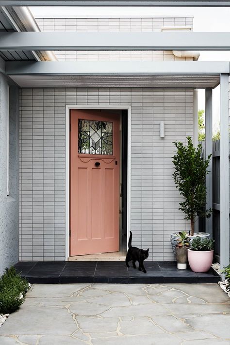 A Designer Renovates a Melbourne Property to Impress Personal Clients | Hunker Terracotta Front Door, Terracotta Door, Peach Door, Art Deco Front Door, Simone Haag, Art Deco Entrance, Art Deco Cottage, Laundry Door, 1920s Home