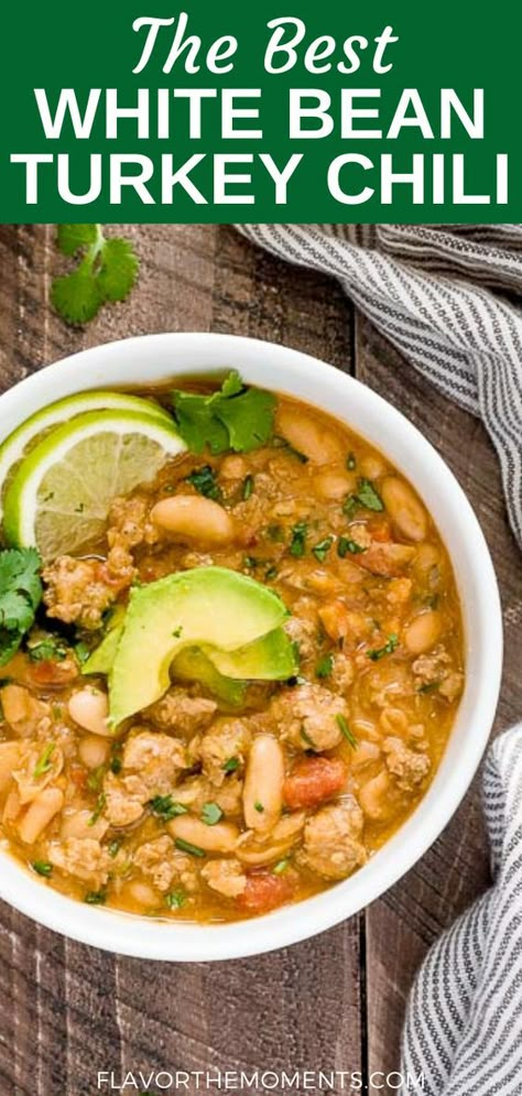 This recipe for White Bean Turkey Chili is hearty and healthy loaded with lean ground turkey, white beans, fresh lime and plenty of spice! It’s gluten-free and freezer-friendly! Chili With White Beans, White Turkey Chili Recipe, Chili White, White Turkey Chili, Healthy Turkey Chili, White Bean Turkey Chili, Healthy Chili Recipe Turkey, Turkey Chili Crockpot, Turkey Chili Healthy