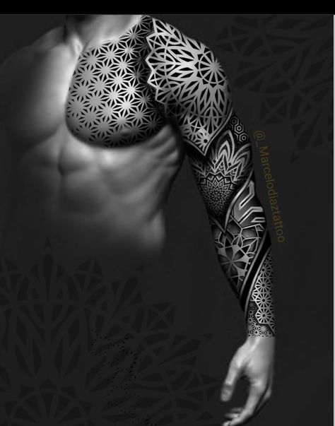 Left Arm Tattoo Men, Men's Chest Tattoo Ideas, Voll Arm-tattoos, Dotwork Tattoo Mandala, Geometric Tattoo Sleeve Designs, Geometric Tattoo Pattern, Mangas Tattoo, Full Hand Tattoo, Chest Tattoo Ideas