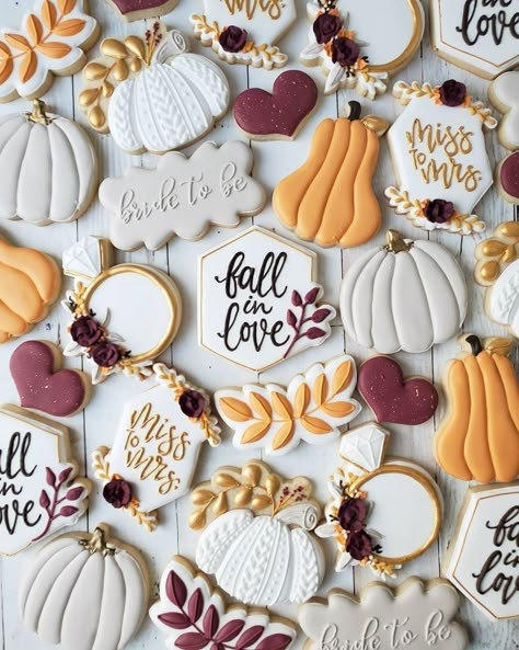 WeddingWire on Instagram: “Oh my gourd, we're falling in love! 🧡✨ - - - - 🍪 @jessievirginia via @weddingwirecanada” Fall In Love Cookies Decorated, Autumn Wedding Cookies, Bridal Shower Cookie Cake, Fall Bridal Shower Cookies Decorated, Fall Bridal Shower Ideas Food, Wedding Cookies Decorated, Fall Decorated Cookies, Halloween Sugar Cookies Decorated, Wedding Shower Cookies